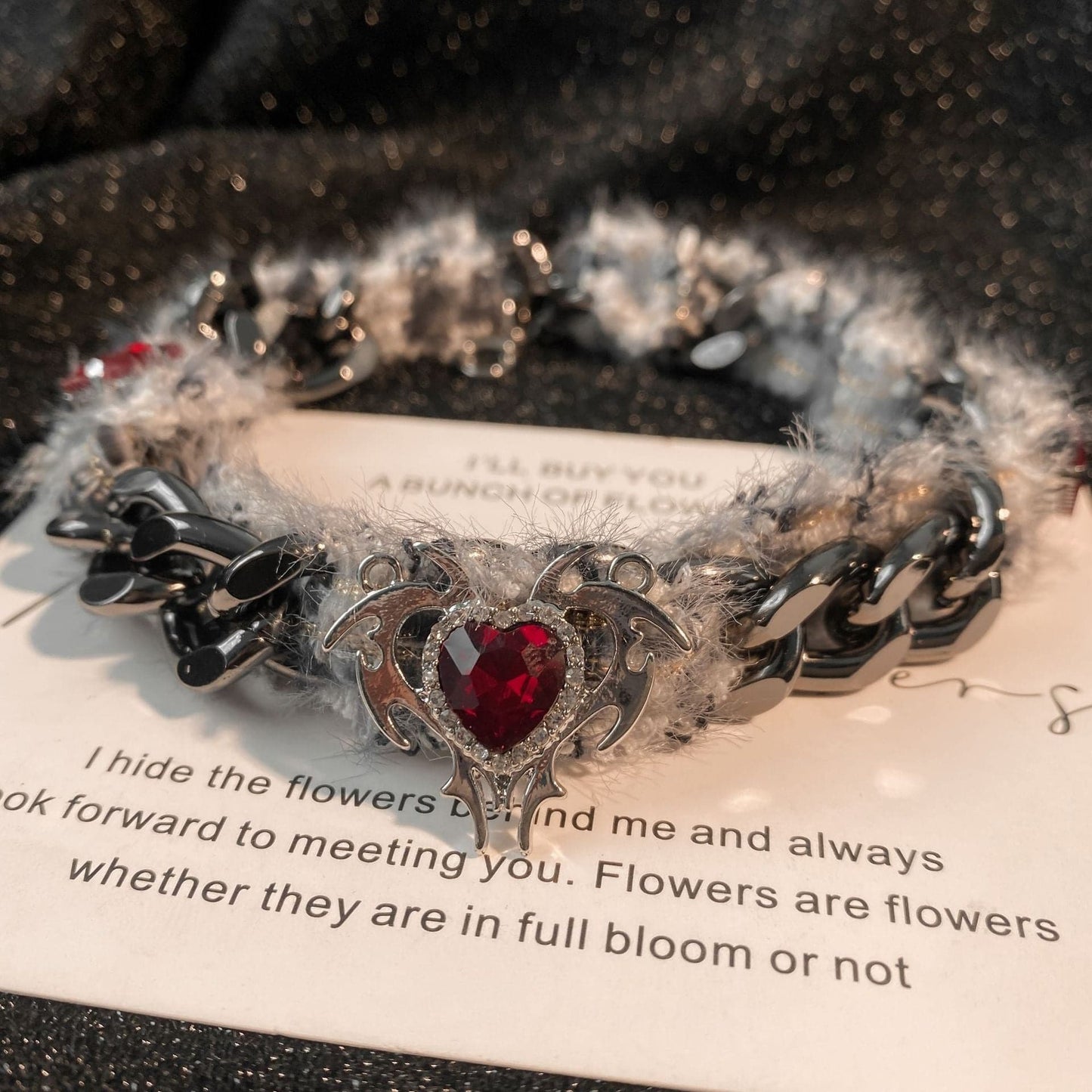 Fluffy cuban heart rhinestone necklace