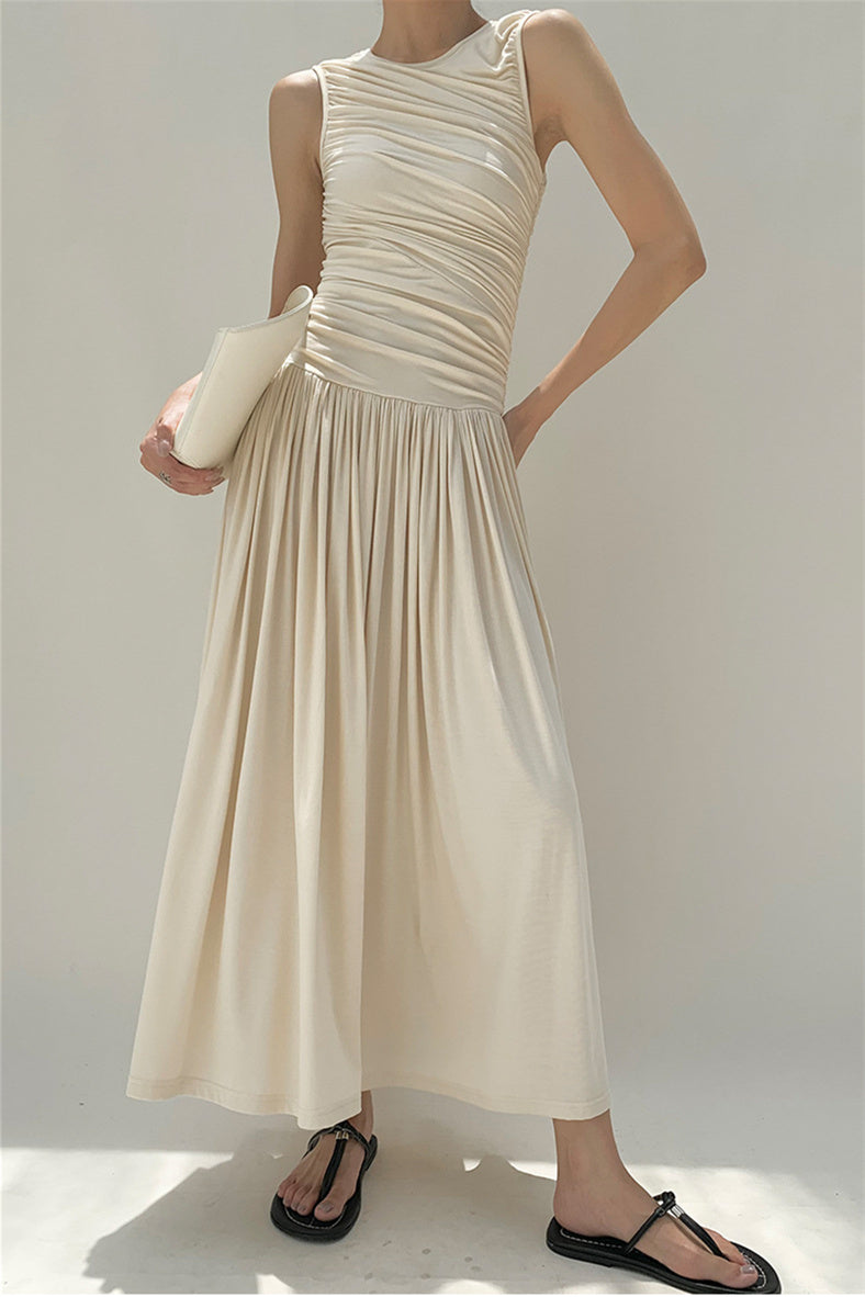 Quintina Round Neck Pleated Maxi Cotton Dress
