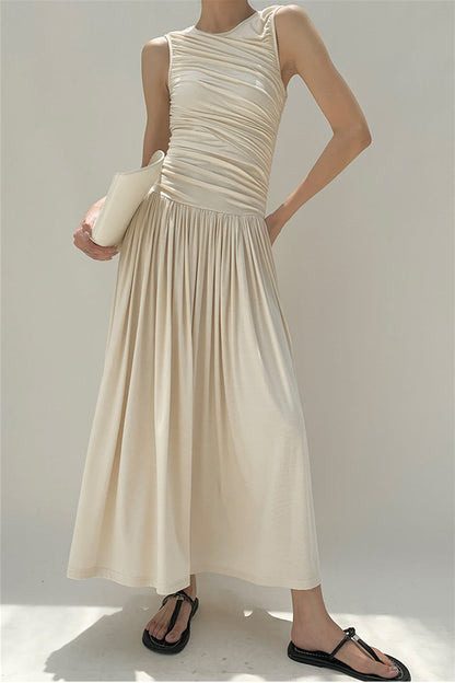 Quintina Round Neck Pleated Maxi Cotton Dress