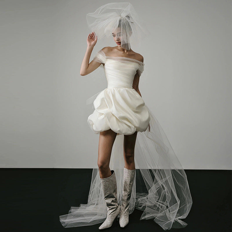 Short Off-Shoulder Satin Wedding Dress