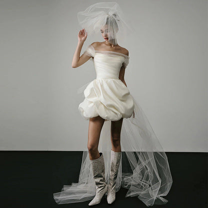 Short Off-Shoulder Satin Wedding Dress