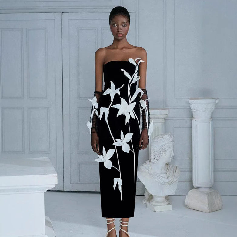 High-End Strapless Bandage Prom Dress with 3D Flower Details