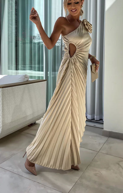 Romantic Nights Satin Raised Flower Elastic Cutout One Shoulder Pleated Maxi Dress