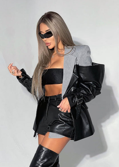 Two-Tone Faux Leather Blazer Dress