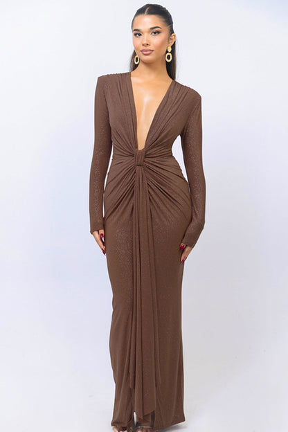 Beverly Deep V-Neck Ruched Maxi Dress