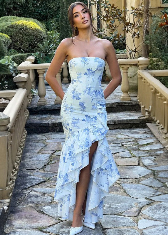 Floral Elegance - Strapless Ruffled Maxi Dress