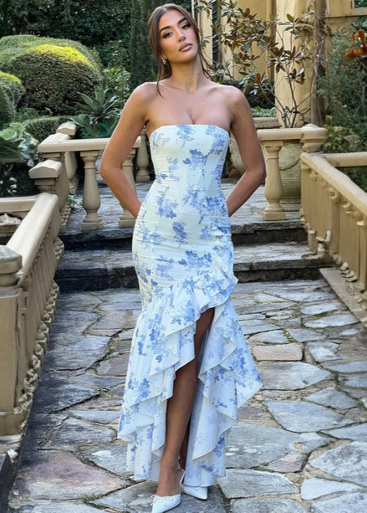 Floral Elegance - Strapless Ruffled Maxi Dress