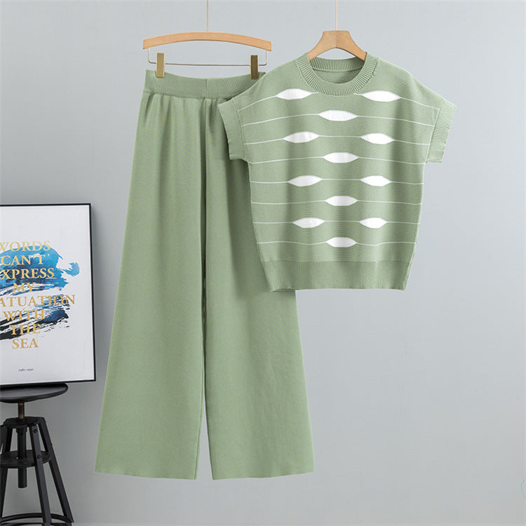Green – Casual Striped Short-Sleeve Two Piece Set