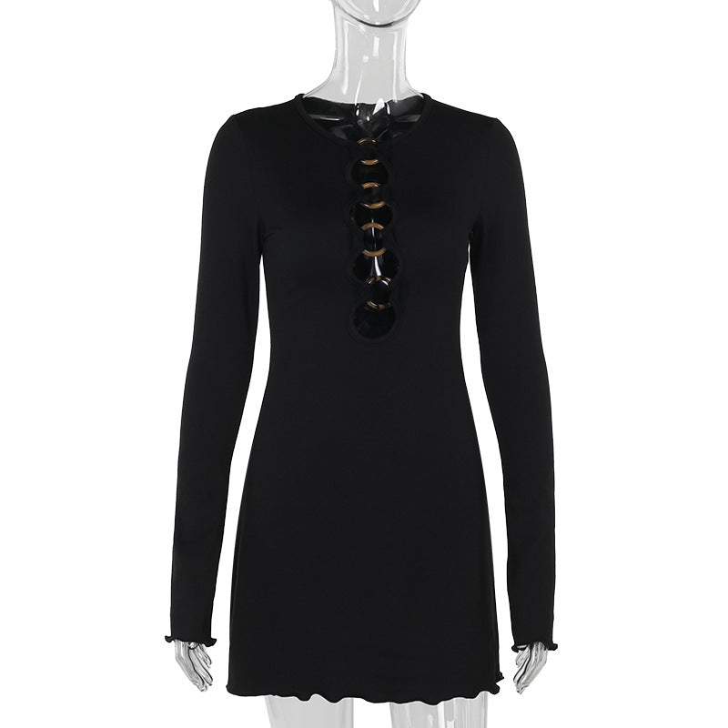 Long Sleeve Ring Cutout Lettuce Edge Bodycon Mini Dress