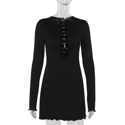 Long Sleeve Ring Cutout Lettuce Edge Bodycon Mini Dress