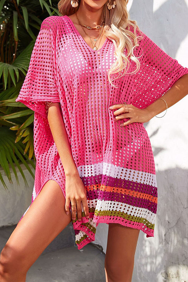 Color Block V Neck Slit Hollow Short Sleeved Knitted Cover Up