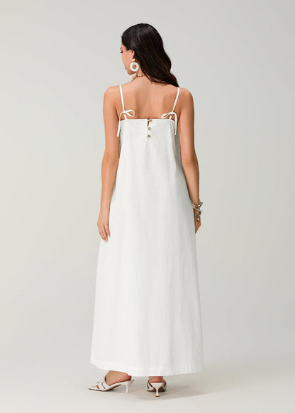 Linen Essence - White Pleated Maxi Sundress