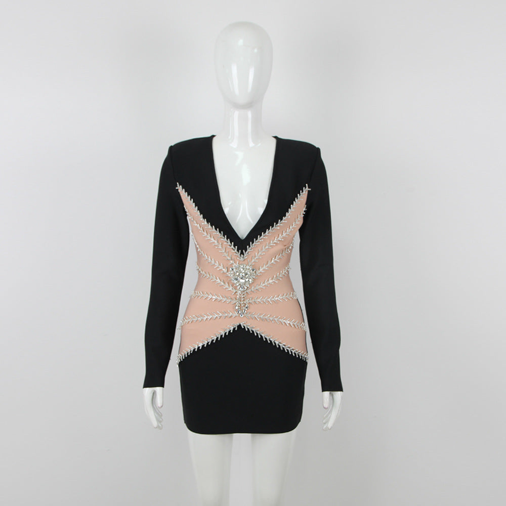 Deep V-Neck Padded Shoulder Rhinestone Mesh Panel Bodycon Mini Dress