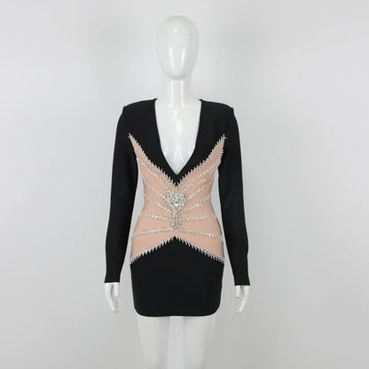 Deep V-Neck Padded Shoulder Rhinestone Mesh Panel Bodycon Mini Dress