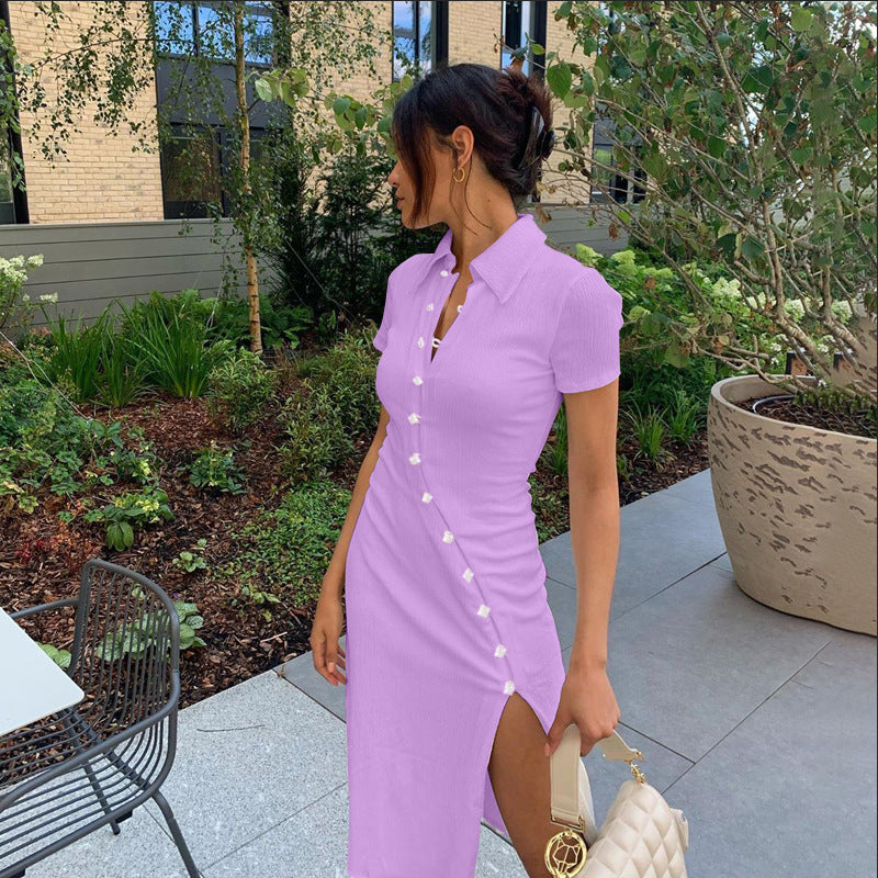 Polo Collar Flower Button Diagonal Placket Ribbed Knit Side Slit Midi Dress