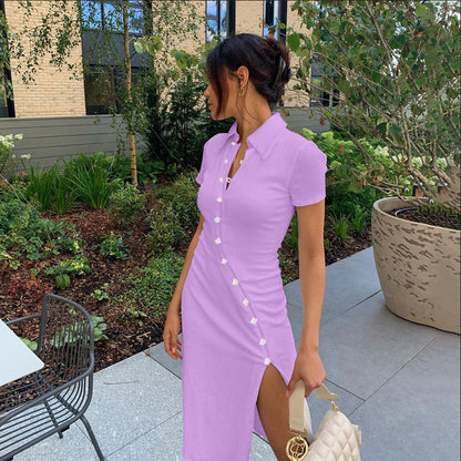 Polo Collar Flower Button Diagonal Placket Ribbed Knit Side Slit Midi Dress