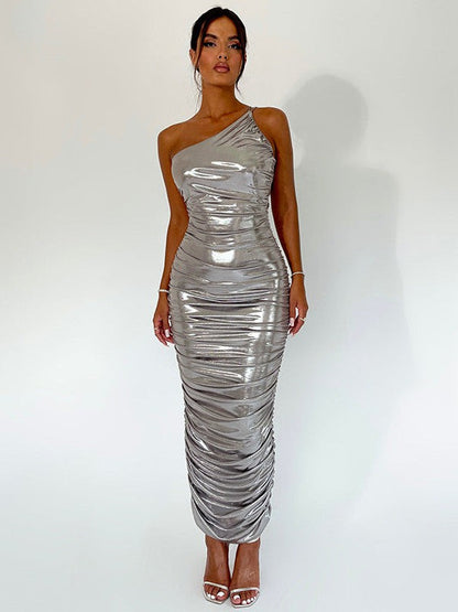 Metallic Coated One Shoulder Sheath Knitted Coated Dress