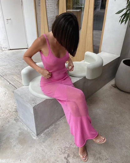 See through Backless Slim Fit Beach Beach Cover Up Bohemian Woolen Long Patchwork Dress