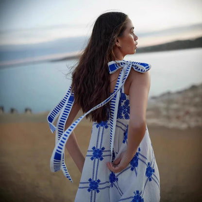 Geometric Print Square Neck Tie-Shoulder Flared Maxi Dress