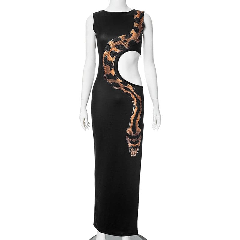 Sleeveless crewneck snake print hollow out slit cut out maxi dress