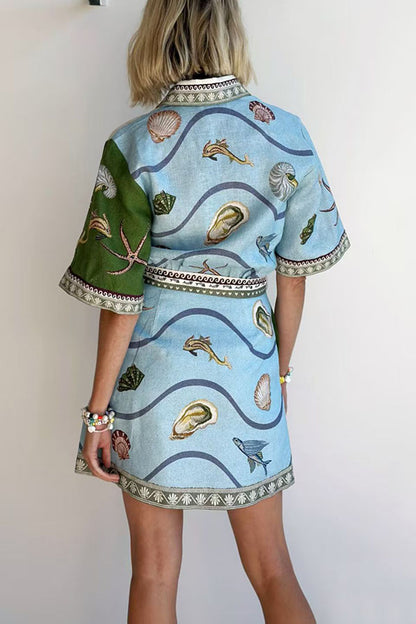 Deep Sea Dreaming Linen Blend Unique Print Tie-up Pocketed Shirt Mini Dress