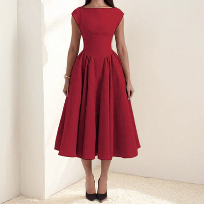 Women's High Neck Line Midi Dress with Gathers - Elegant Sleeveless Cocktail Dress