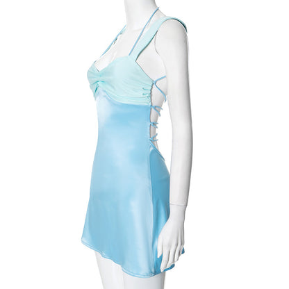 Splicing sleeveless sexy mini women's long robe satin strapless backless lace up high waisted A-line party dress