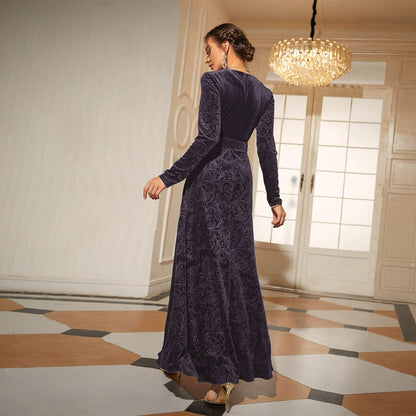 V neck Long Sleeve High Waist Lace up Velvet Elegant Dress