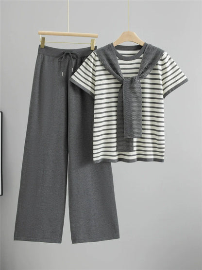 Gray – Drawstring Short-Sleeve Striped Two-Piece Set
