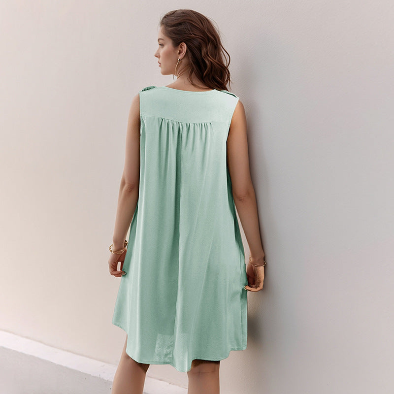 Sleeveless Round Neck Button Front Yoke Pleated Gathered A-Line Mini Dress