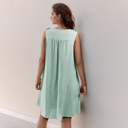 Sleeveless Round Neck Button Front Yoke Pleated Gathered A-Line Mini Dress