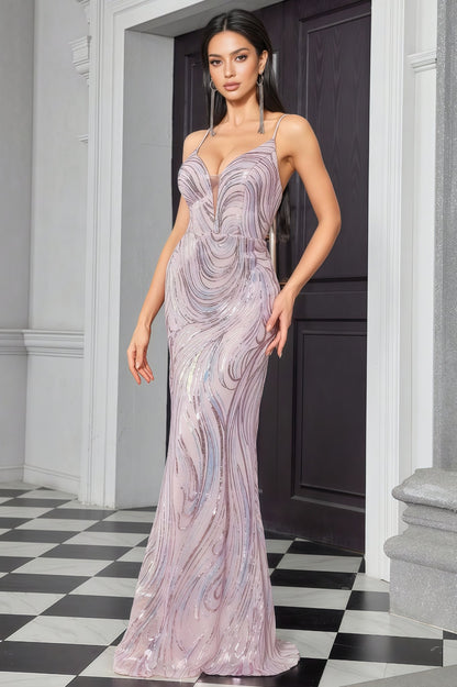 Vioky Pink Sequin Striped Maxi Dress