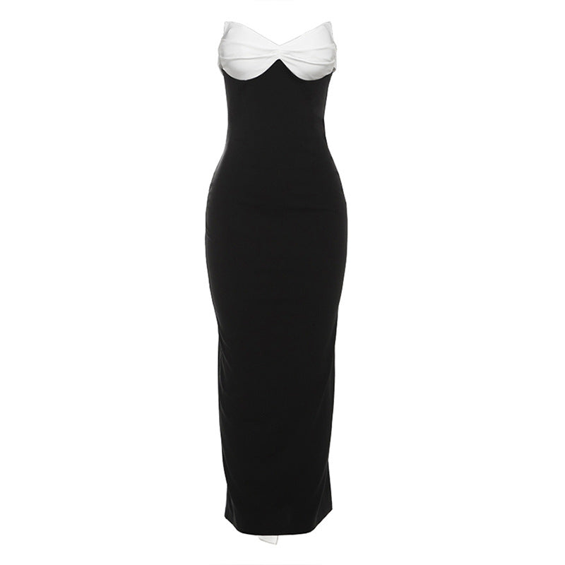 Contrast Twist Front Strapless Bow Back Draped Train Maxi Dress
