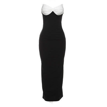 Contrast Twist Front Strapless Bow Back Draped Train Maxi Dress