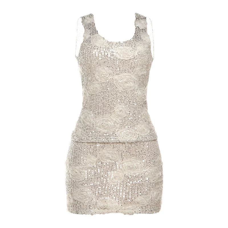 3D Flower Sequin Skirt Set
