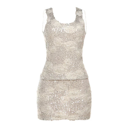 3D Flower Sequin Skirt Set