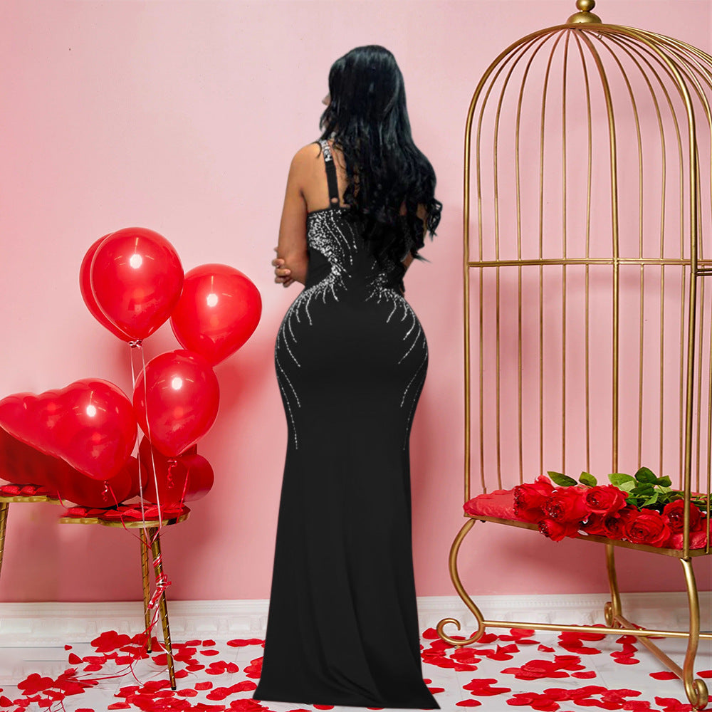 Deep Plunge V-Neck Spaghetti Strap Rhinestone Mesh Side Panel Mermaid Maxi Gown