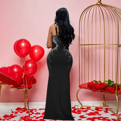 Deep Plunge V-Neck Spaghetti Strap Rhinestone Mesh Side Panel Mermaid Maxi Gown