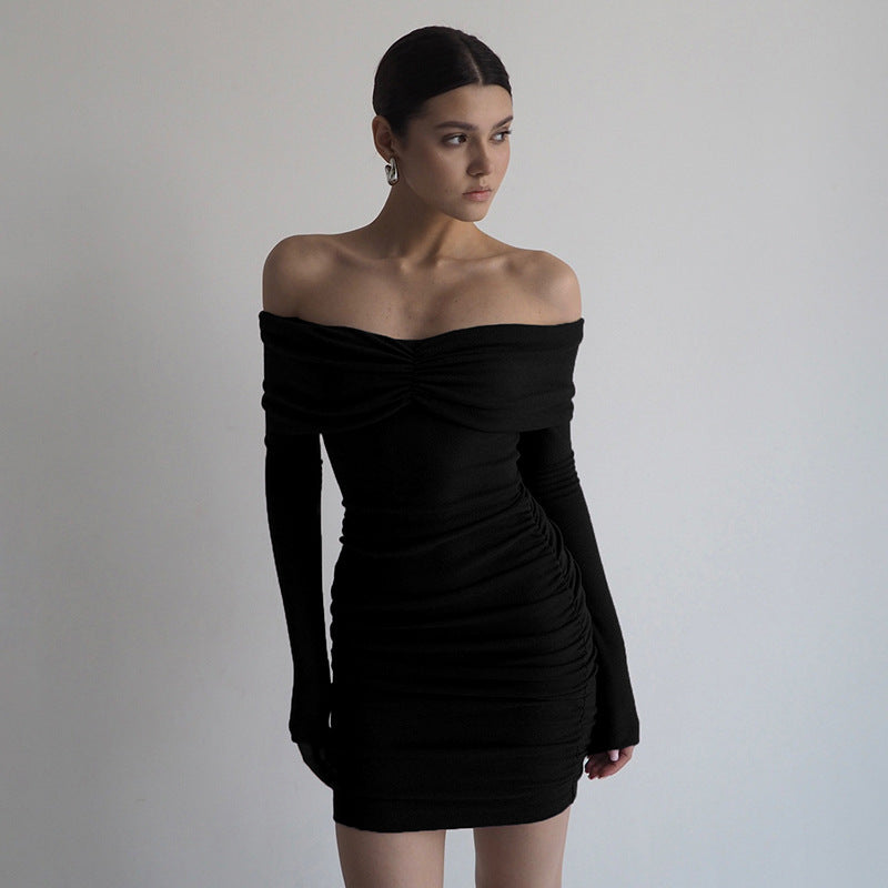 Off-Shoulder Ruched Gathered Bodice Long Sleeve Bodycon Mini Dress