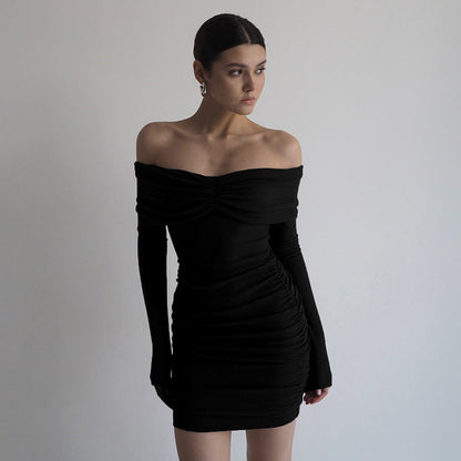 Off-Shoulder Ruched Gathered Bodice Long Sleeve Bodycon Mini Dress