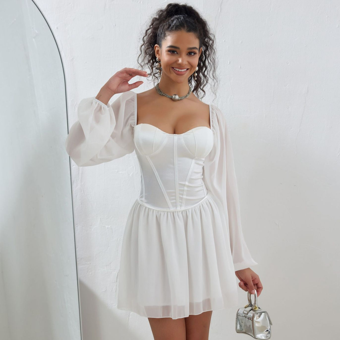 Sweetheart Corset Puff Sleeve Mesh Overlay Mini Dress