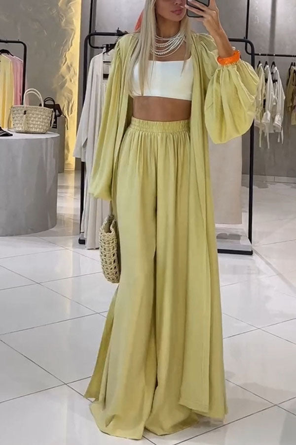 Beach Cottage Open Front Long Pleated Lantern Sleeve Long Cover-up Jacket