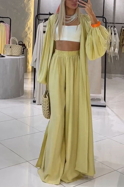 Beach Cottage Open Front Long Pleated Lantern Sleeve Long Cover-up Jacket