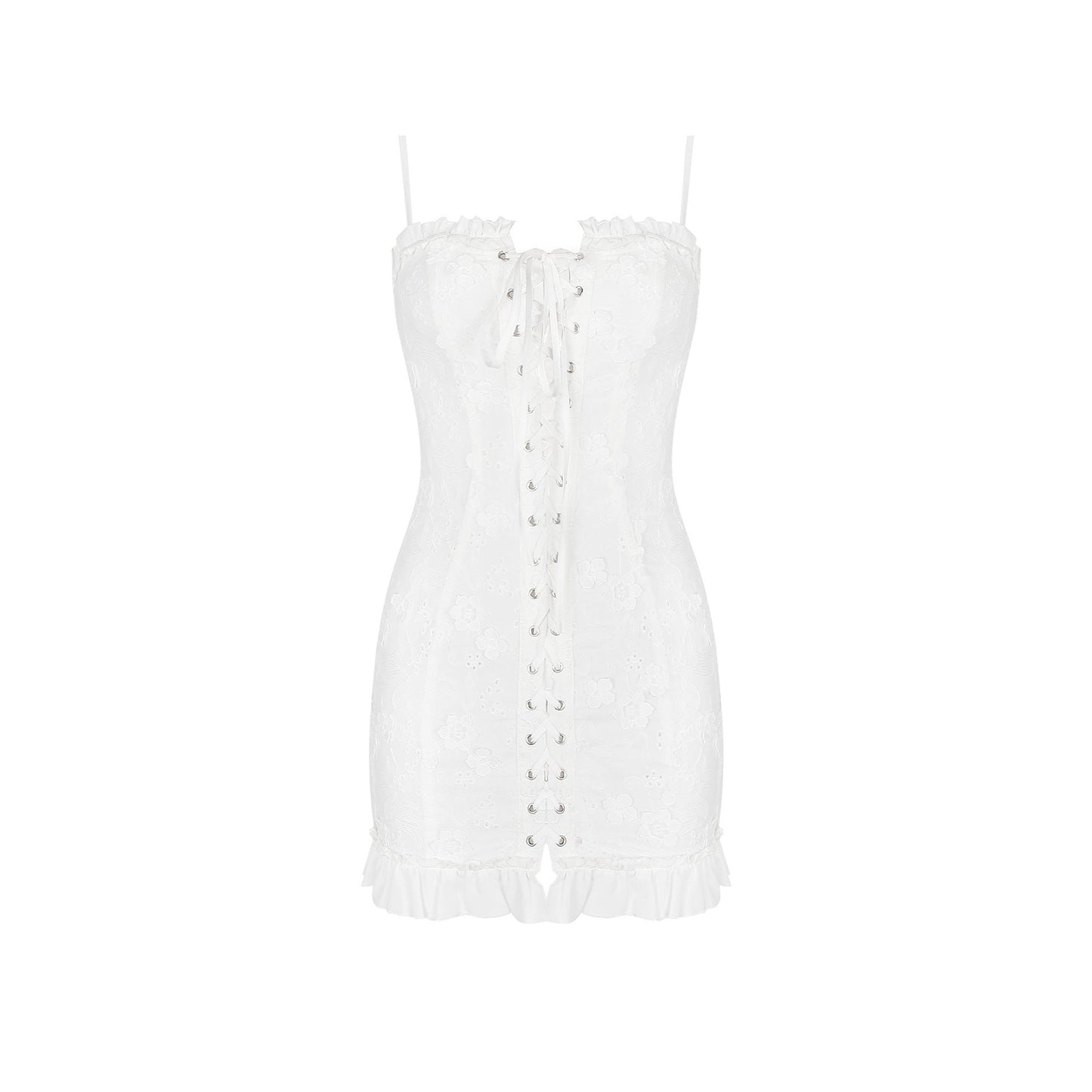 Lace Up Corset Front Floral Embroidered Ruffle Hem Mini Dress