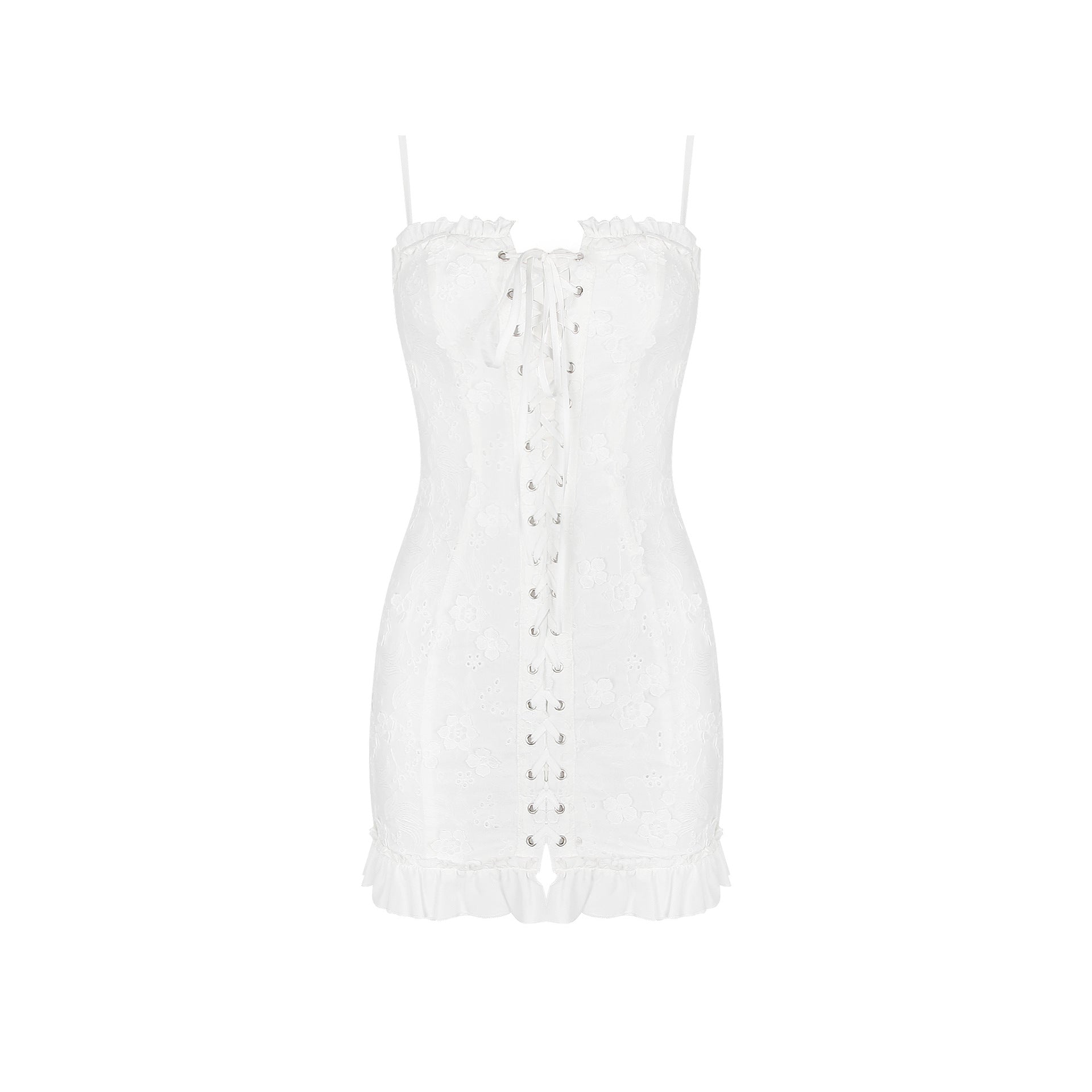Lace Up Corset Front Floral Embroidered Ruffle Hem Mini Dress