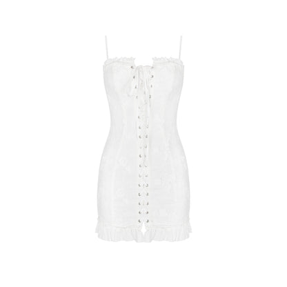 Lace Up Corset Front Floral Embroidered Ruffle Hem Mini Dress