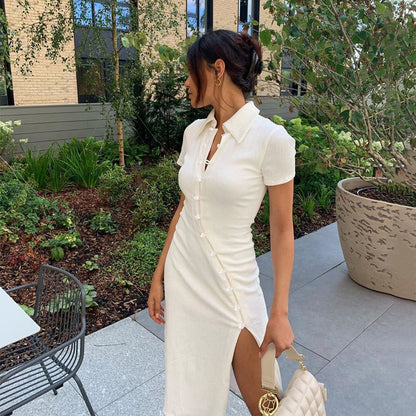 Polo Collar Flower Button Diagonal Placket Ribbed Knit Side Slit Midi Dress