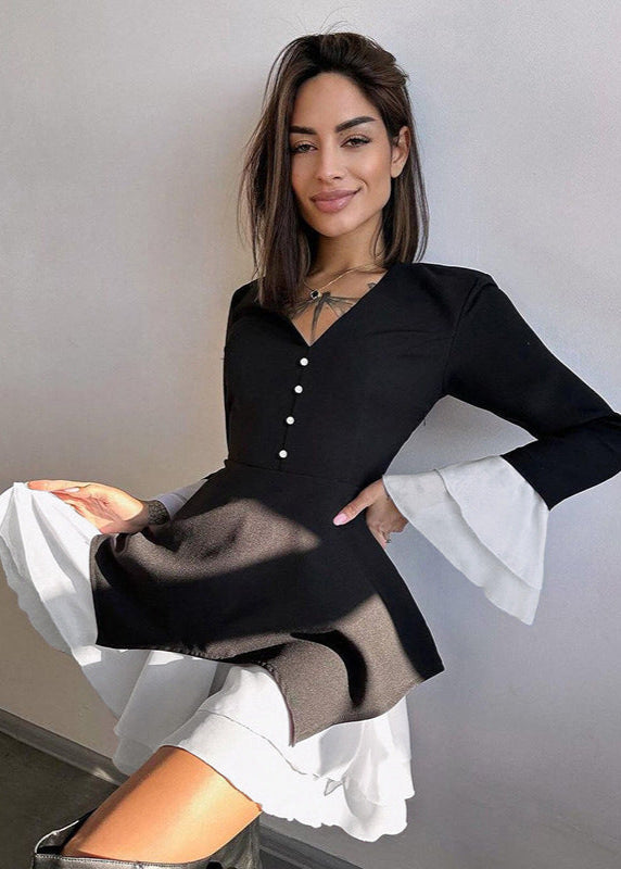 Contrast Ruffle Hem Bell Sleeve Dress