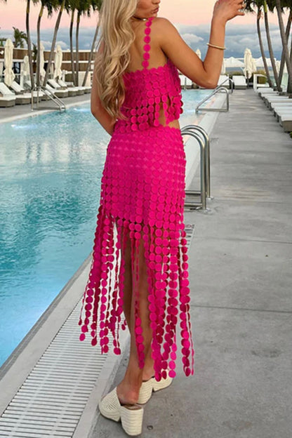 Caitlin See Through Circle Embroidery Square Neck Tassle Hem Slip Tank