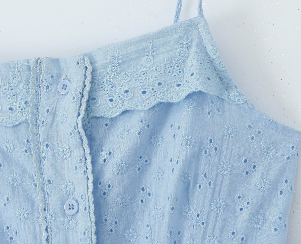 Blue – Embroidered Patchwork Spaghetti Strap Dress